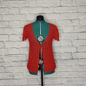Anthropologie Elizabeth Gillett women's red crotchet knit cardigan Sz S
